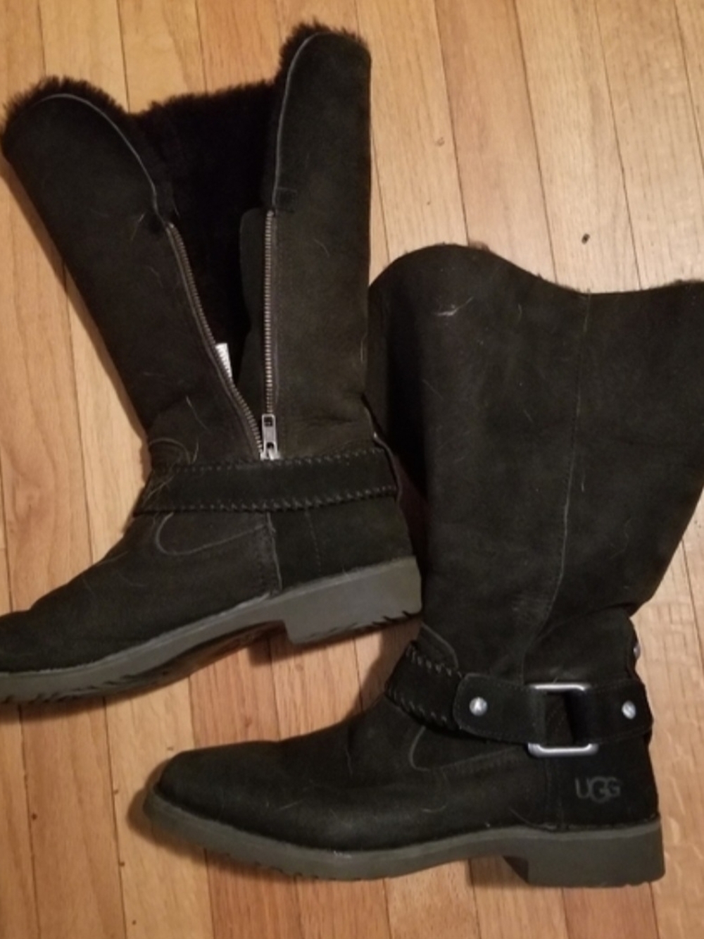UGG Black Suede Mid-Calf Shearling-Lined Boots with Buckle Detail